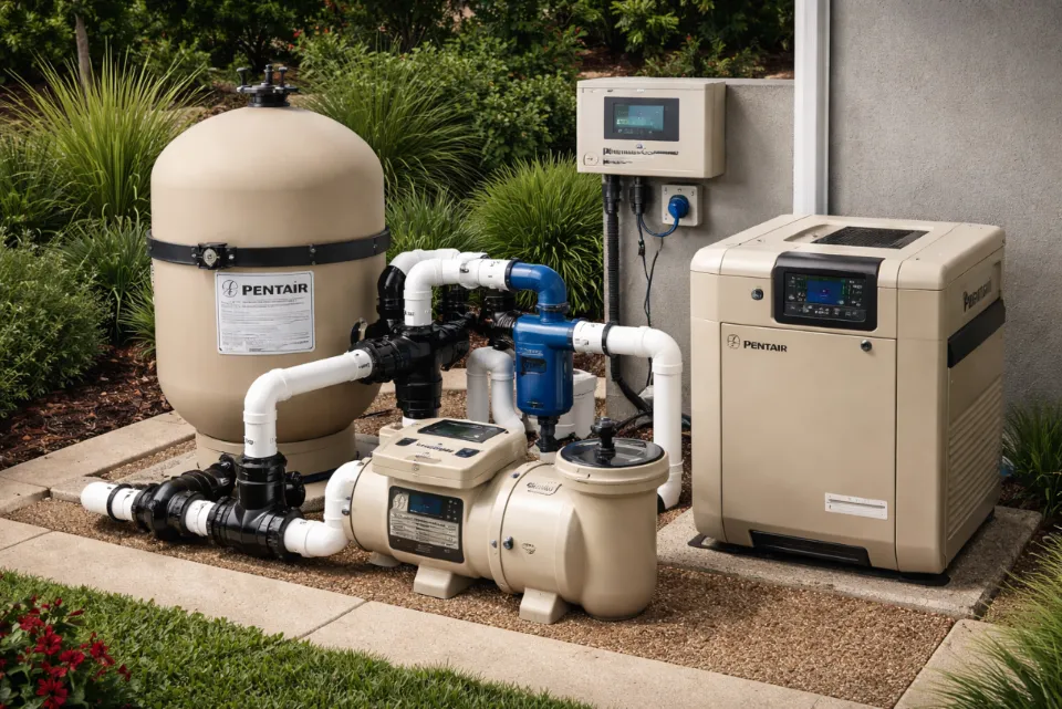 Swimming pool equipment installation including pump filter and heater in Niagara Region