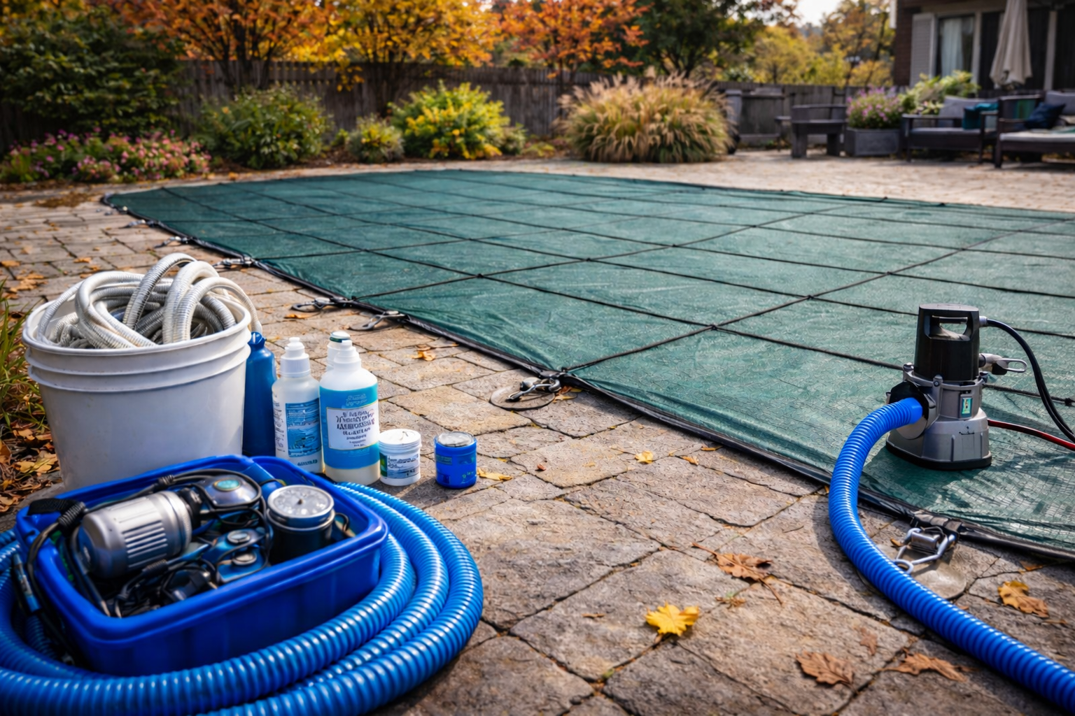 Swimming pool closing with safety cover and winterizing pump in Niagara Region