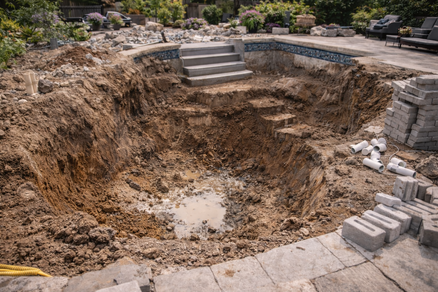 Excavator digging new inground swimming pool in Niagara Region