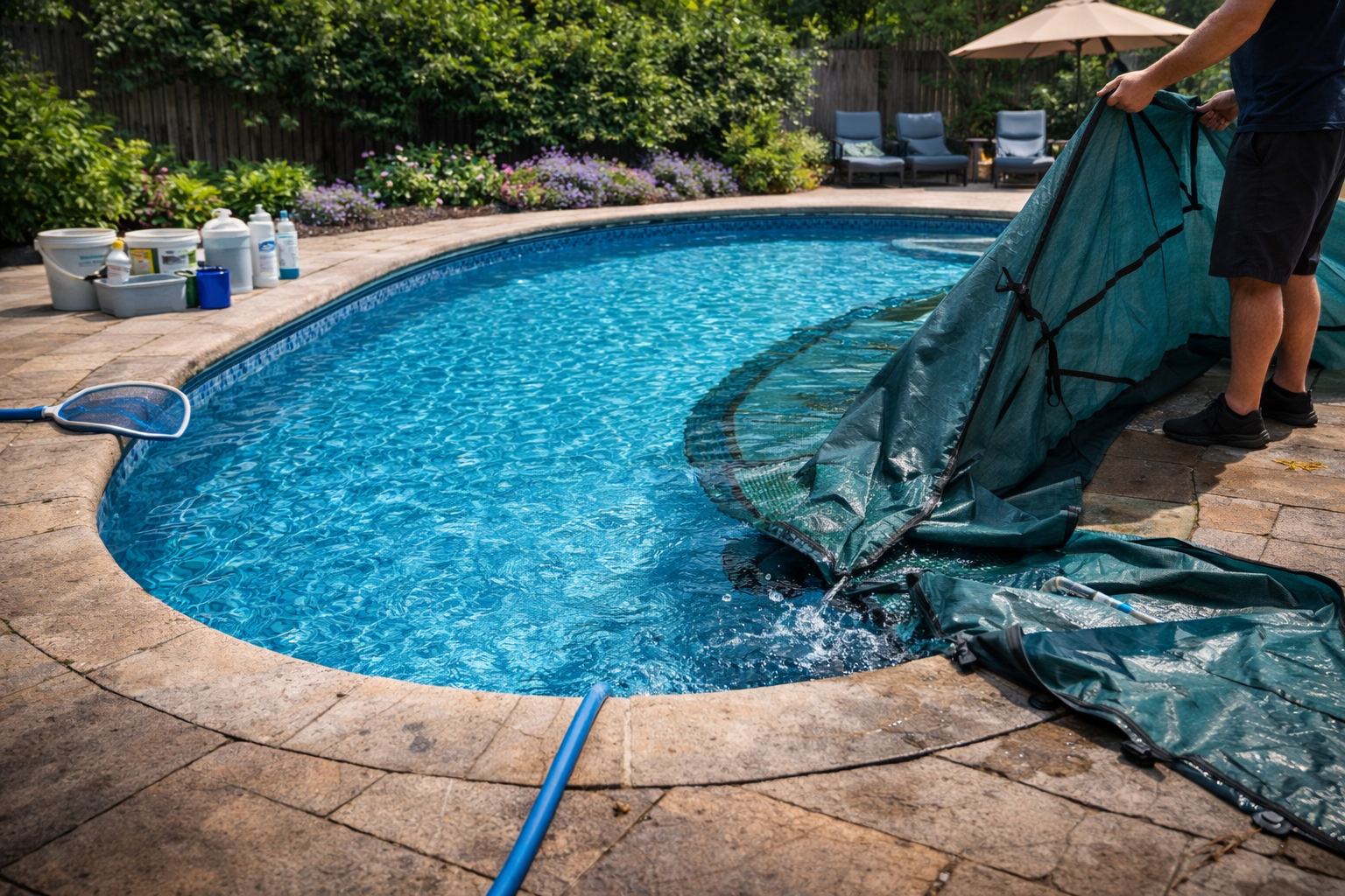 Swimming pool opening with winter cover removal in Niagara Region