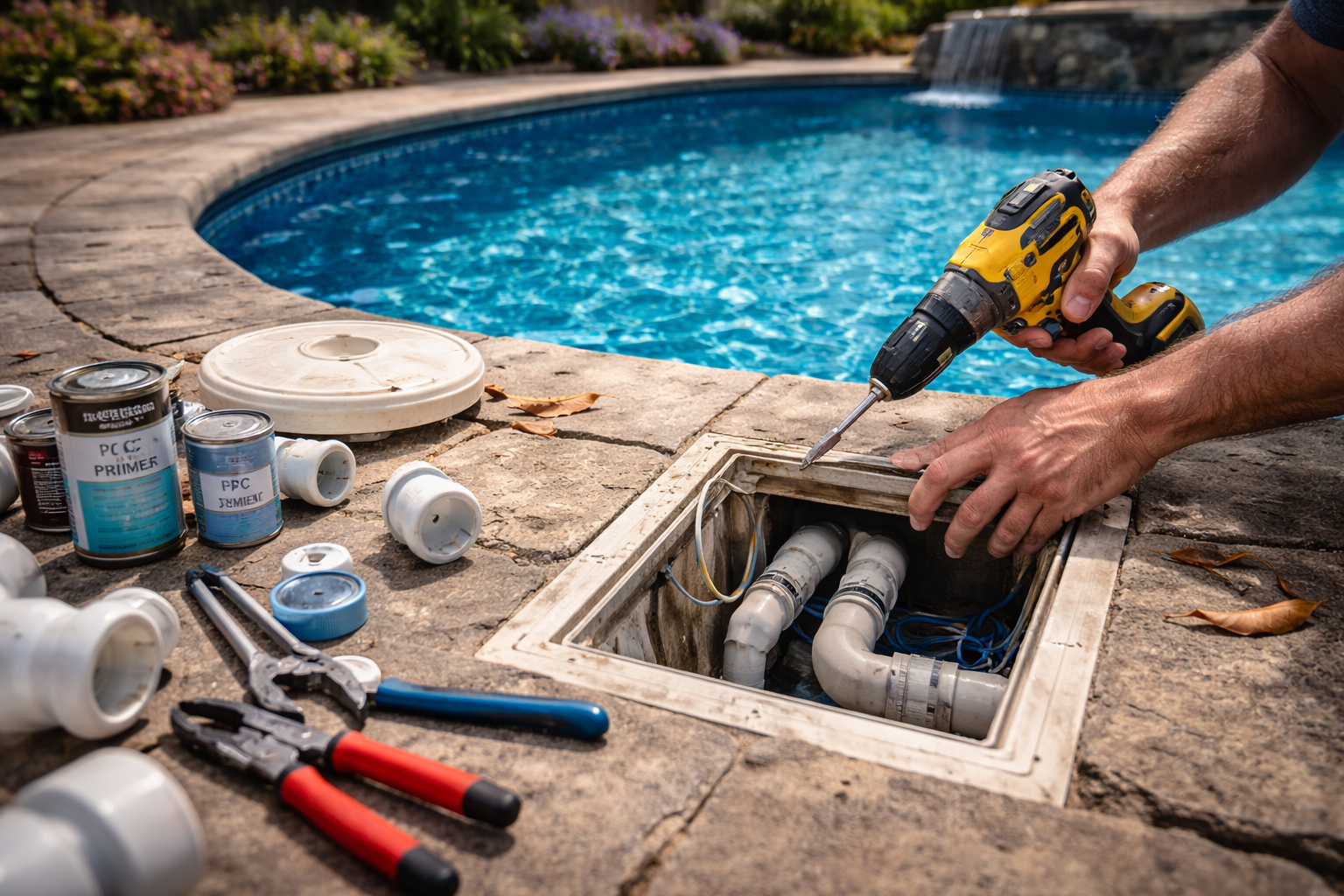 Swimming pool repair including skimmer and plumbing repair